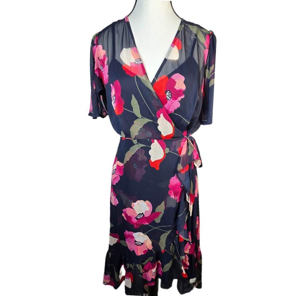 Calvin Klein Floral Wrap Midi Dress Navy  Pink Red Sheer Sleeve Womens Size 8/10